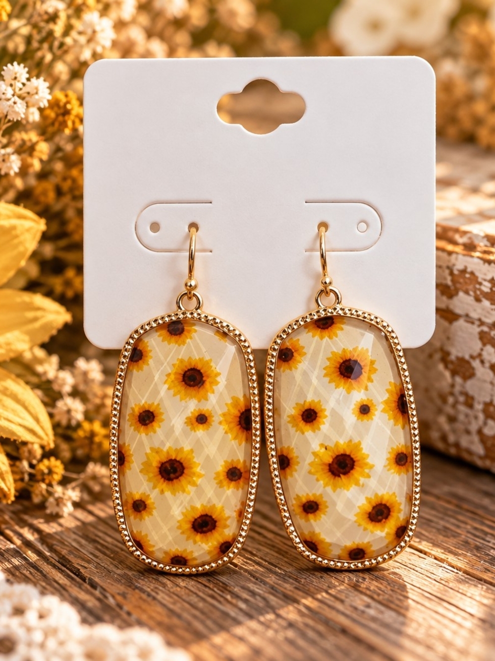 Gold Sunflower Dangle Earrings - Floral Statement Jewelry